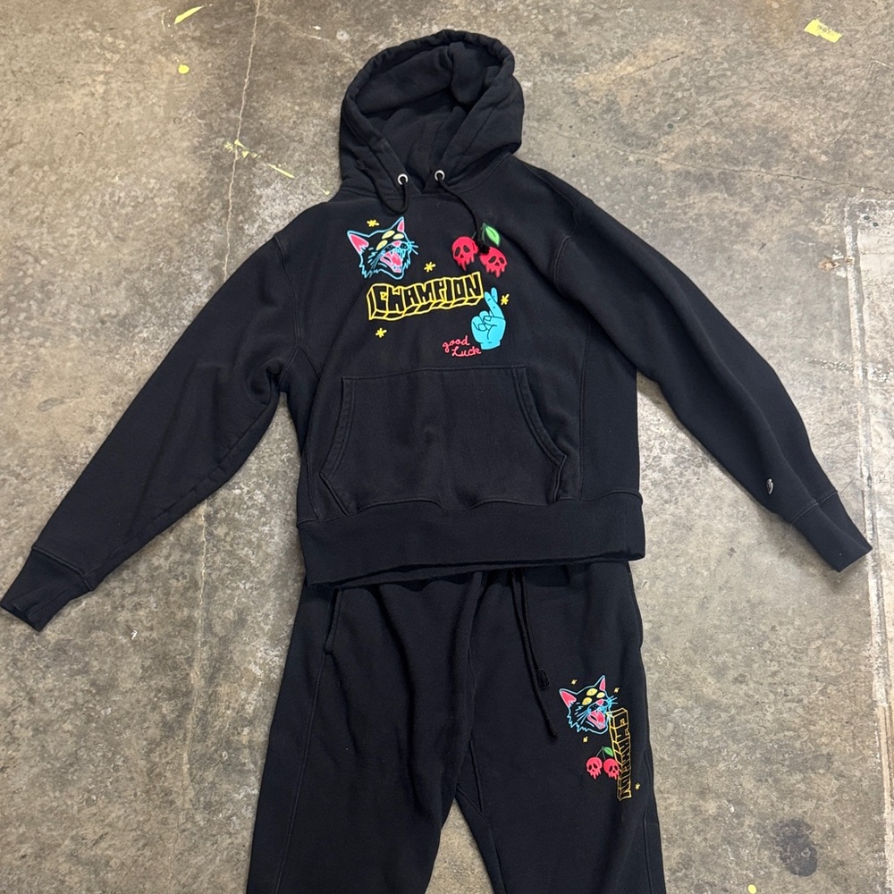 Champion Black Hoodie and Joggers with Vibrant Graphics